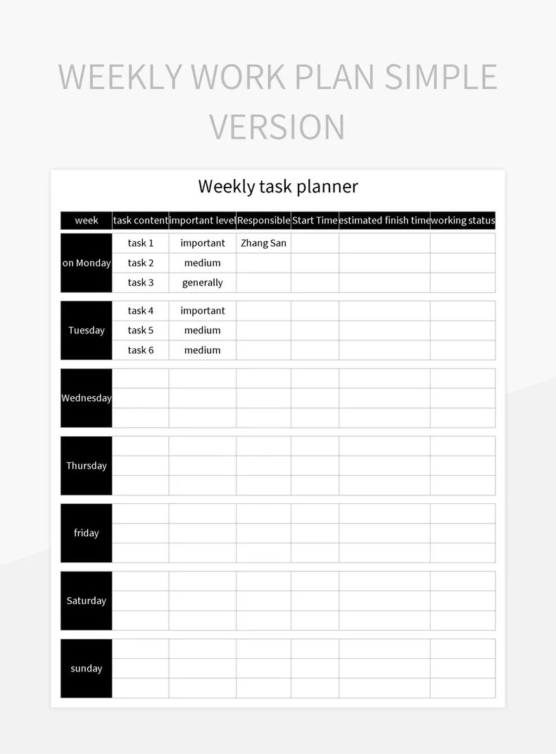 Weekly Work Plan Simple Version Excel Template And Google Sheets File