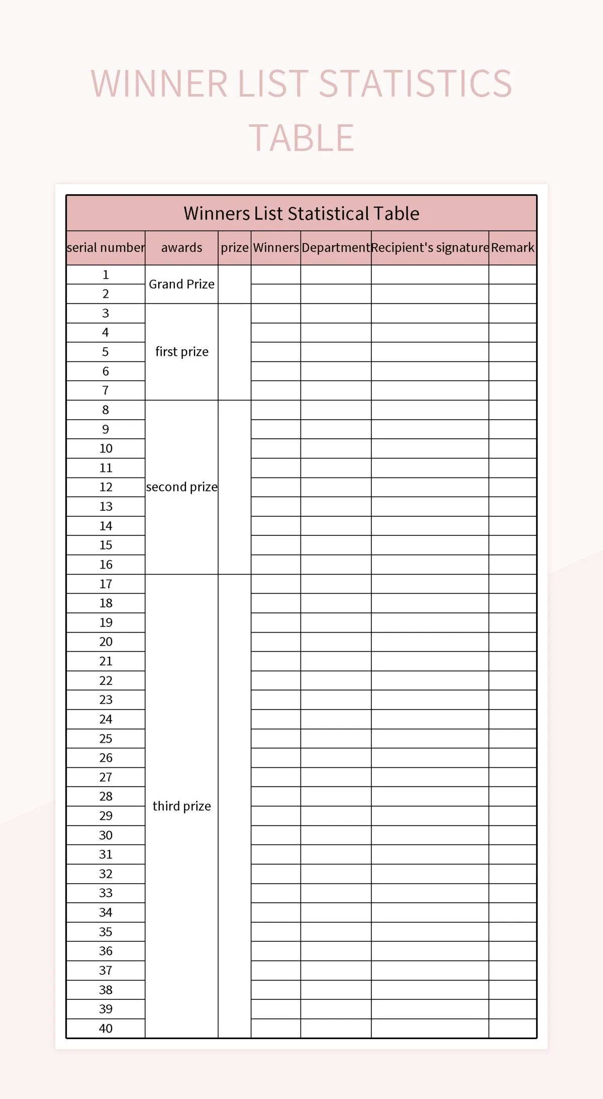 Winner List Statistics Table Excel Template And Google Sheets File For
