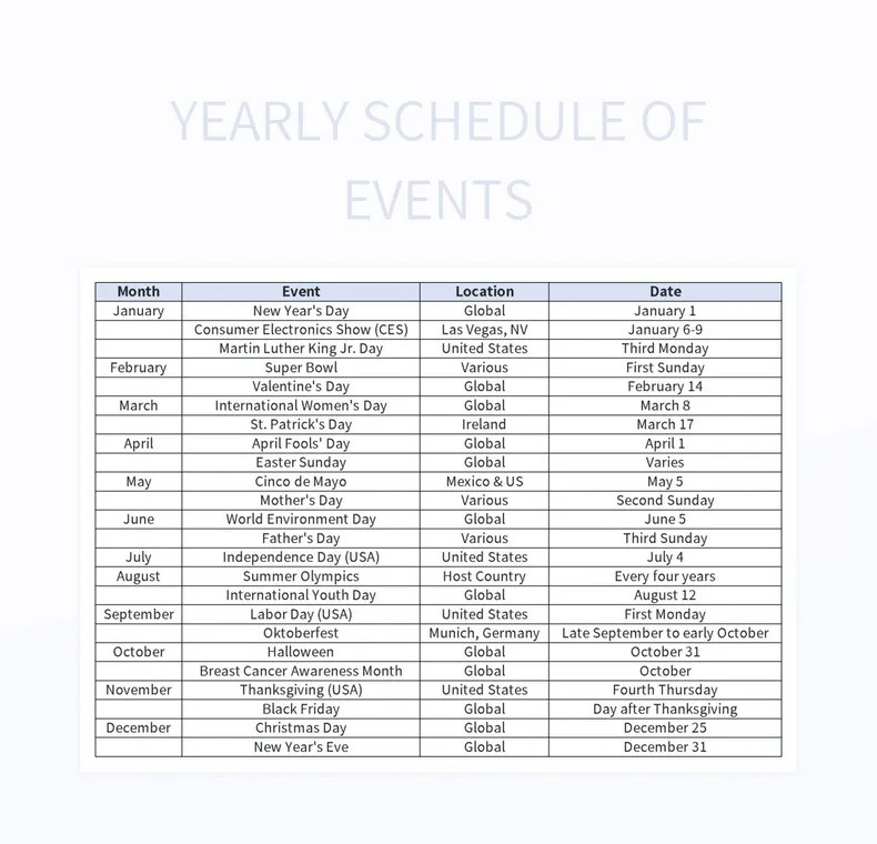 Yearly Schedule Of Events Excel Template And Google Sheets File For