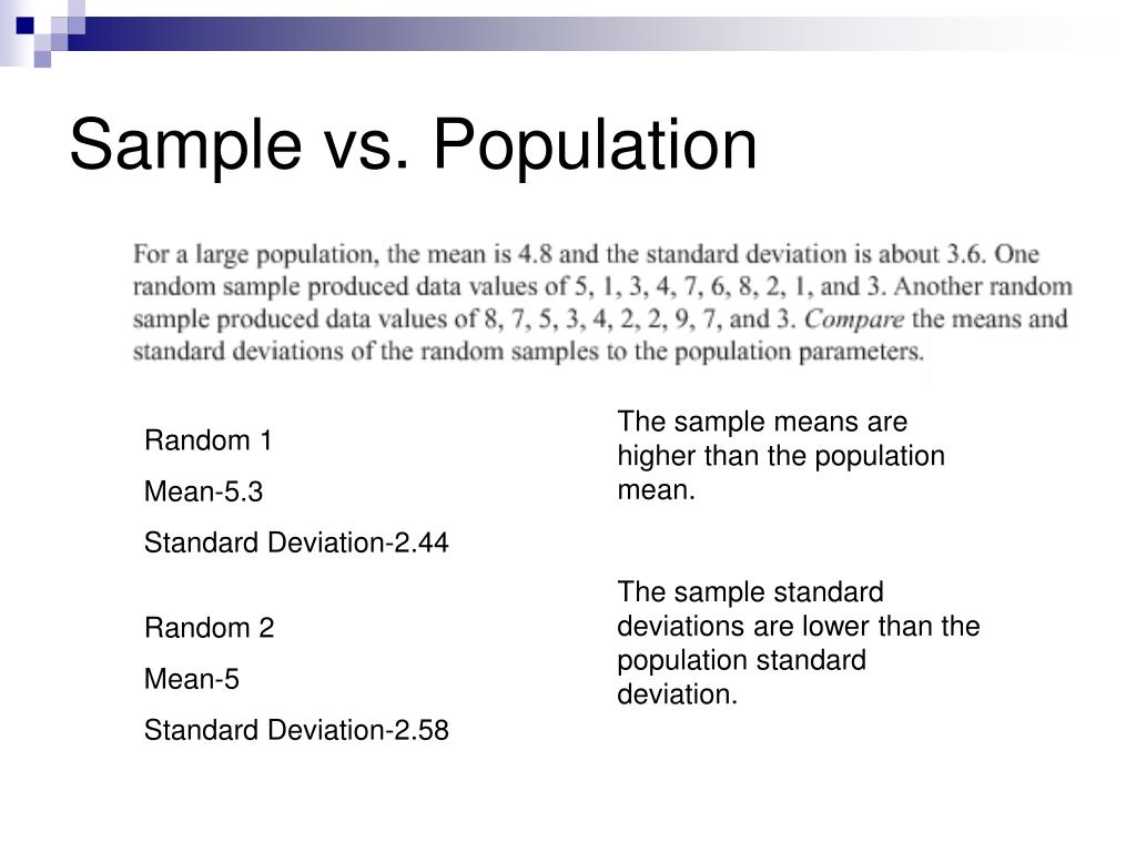 PPT Sample vs Population comparing mean and standard deviations