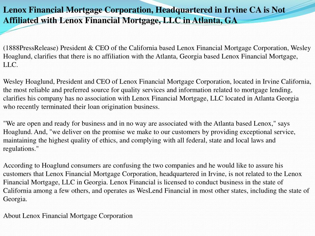 PPT Lenox Financial Mortgage Corporation PowerPoint Presentation