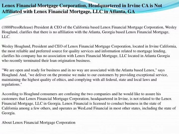 PPT Lenox Financial Mortgage Corporation PowerPoint Presentation