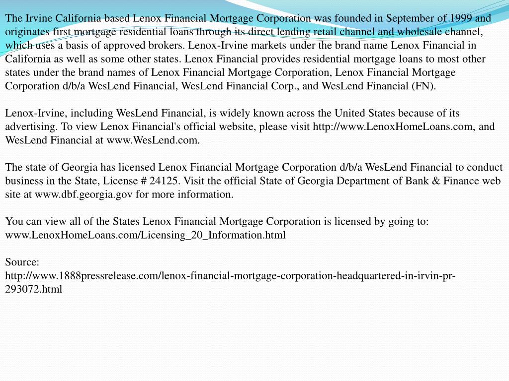 PPT Lenox Financial Mortgage Corporation PowerPoint Presentation