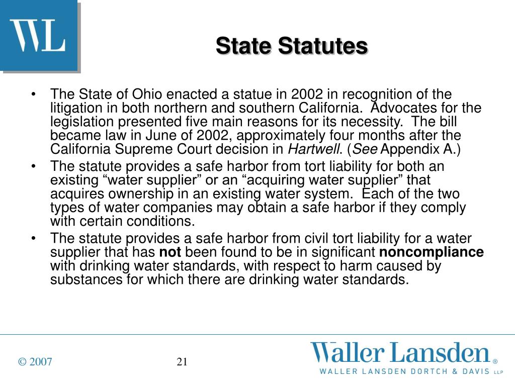 PPT A Safe Harbor for Water Companies That Comply with Safe Drinking Water Standards State