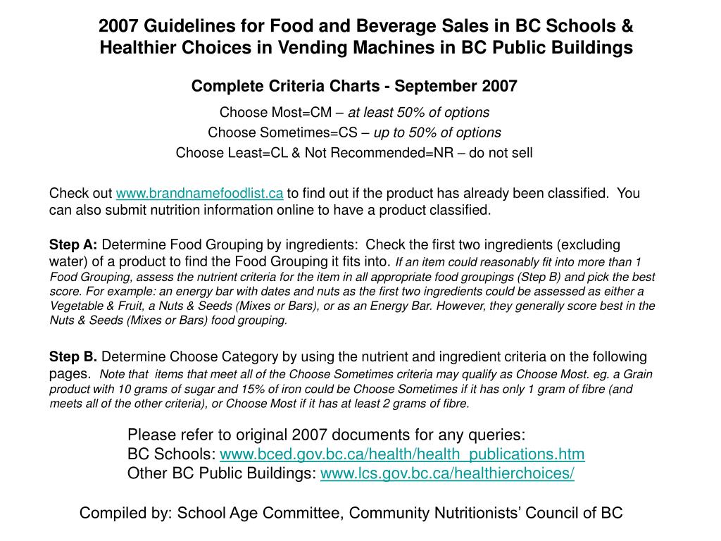 PPT 2007 Guidelines for Food and Beverage Sales in BC Schools