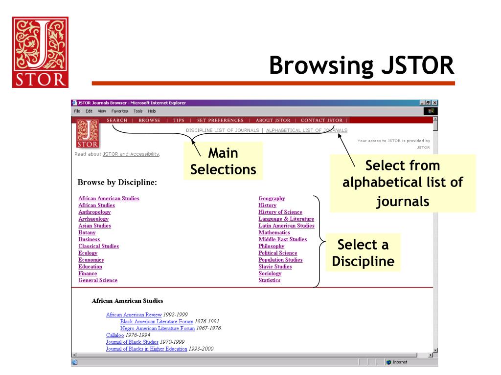 PPT About JSTOR Using JSTOR Browsing for Articles Searching for