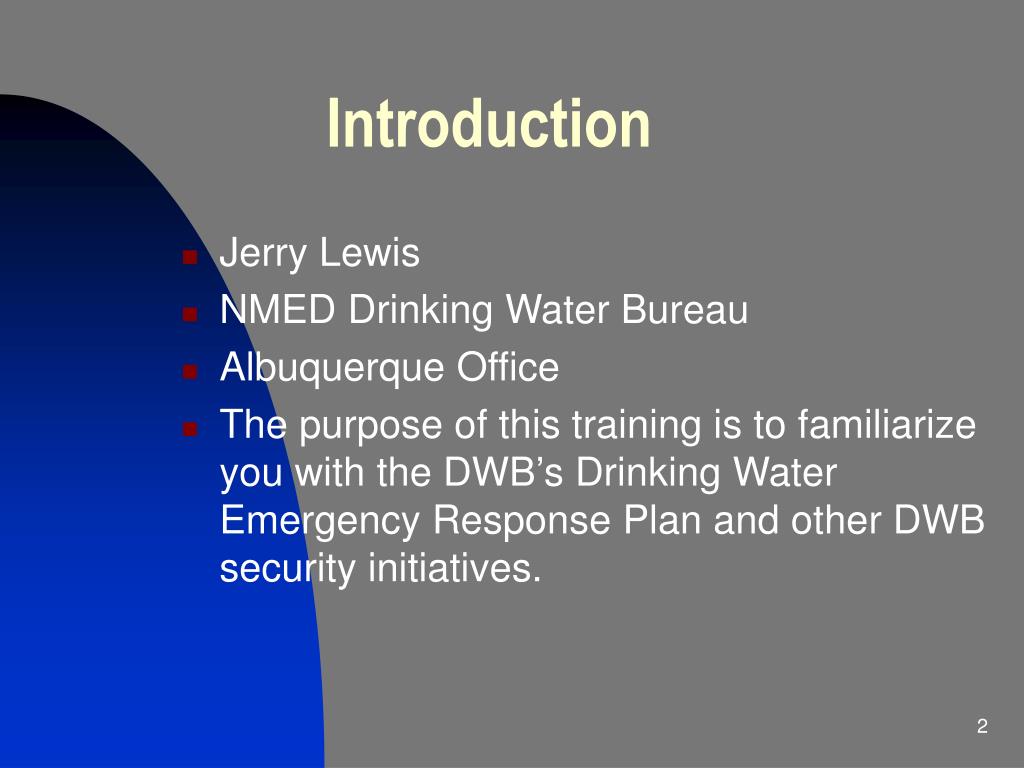 PPT NMED's Drinking Water Emergency Response Plan and other Security