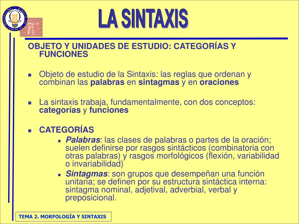 PPT Objeto y unidades de estudio de la Sintaxis categorías y