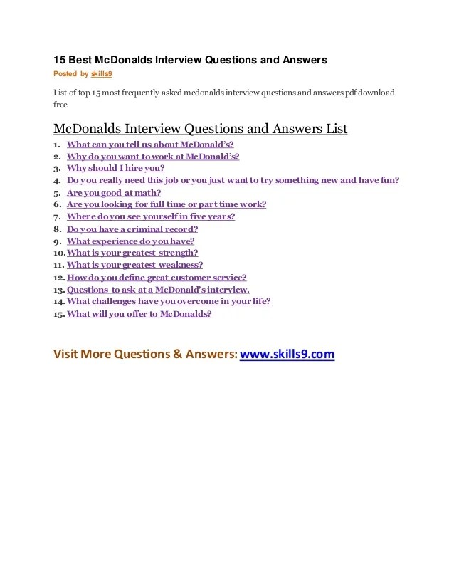 15 best mc donalds interview questions and answers