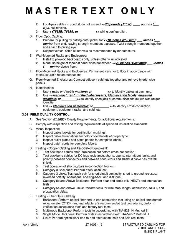 CSI Master Format Specification 271005 Structured Cabling for Voice and