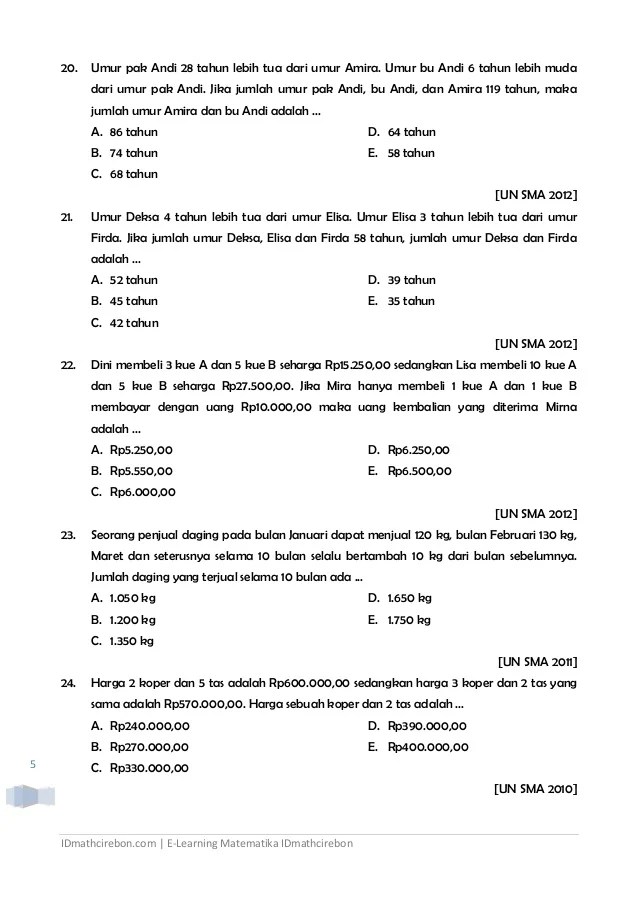 Soal UN Sistem Persamaan Linear dan Kuadrat