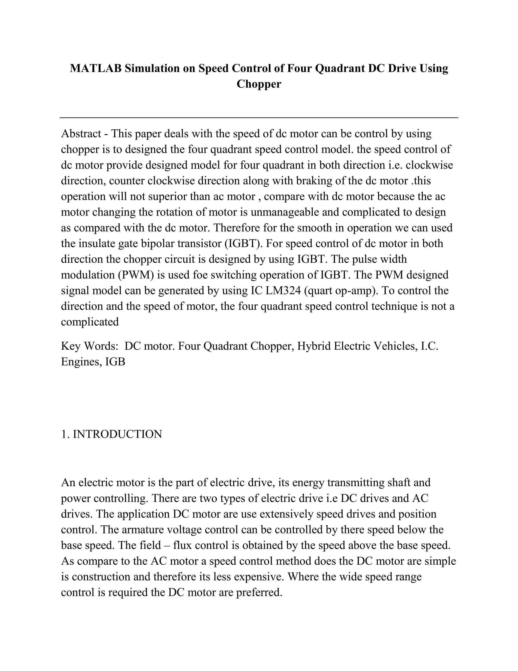 MATLAB Simulation on Speed Control of Four Quadrant DC Drive Using