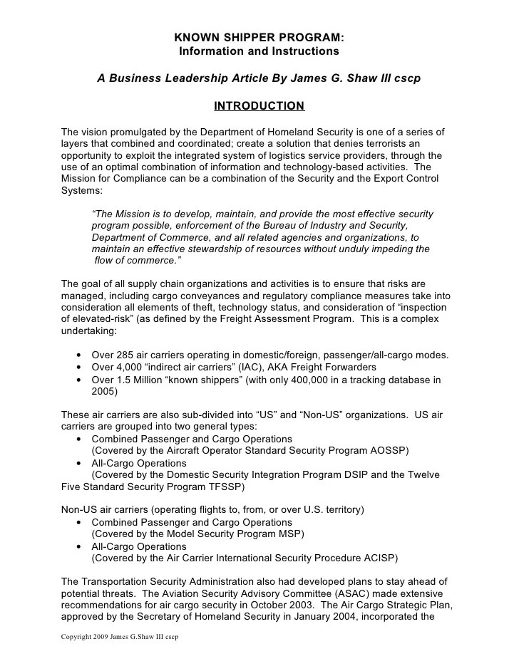 KNOWN SHIPPER SECURITY PROGRAM