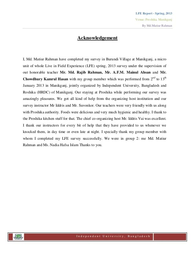 Live in field experience (LFE) Final report's Acknowledgement