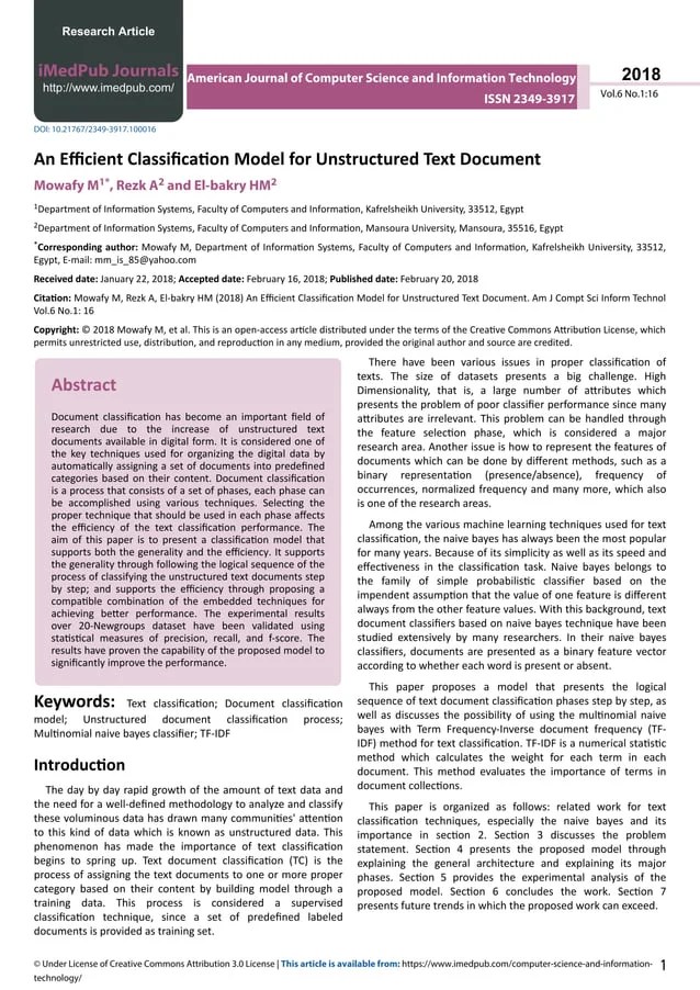 An efficientclassificationmodelforunstructuredtextdocument PDF