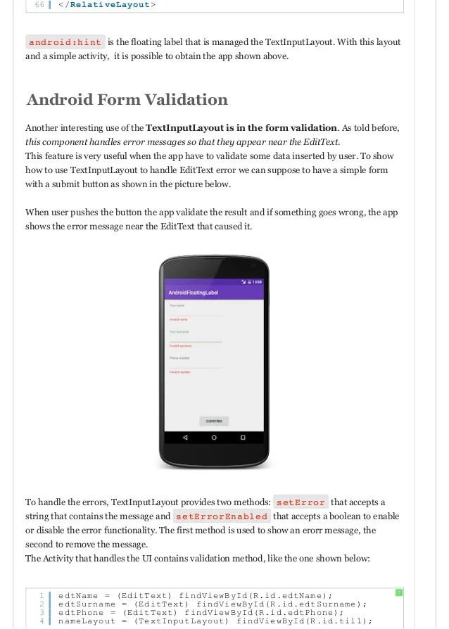 Android design support library text inputlayout floating label