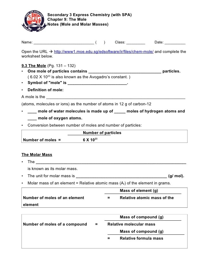 Answer Key To Practice Questions In Notes (Mole And Molar