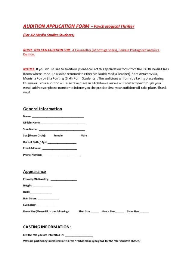 Audition application form