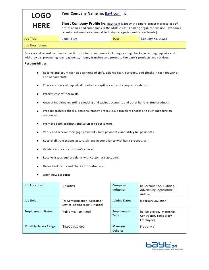 Bank Teller Job Description Template by