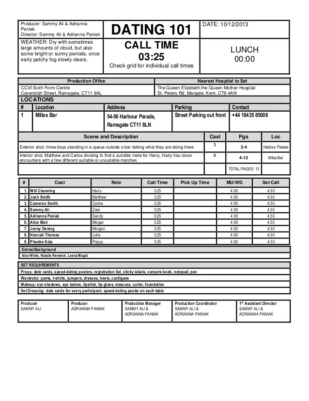 Dating 101 Actor Call Sheet