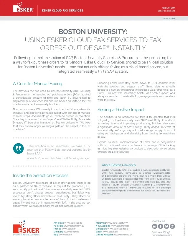 Boston University Using Esker Cloud Fax Service to Fax Order out of