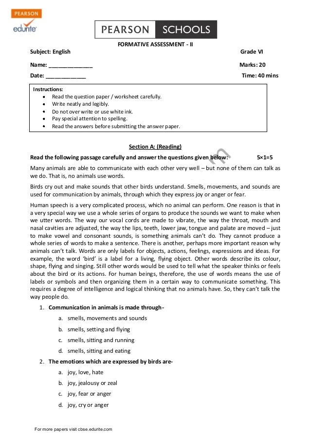 National Grade 6 Assessment Practice Test Papers 2020