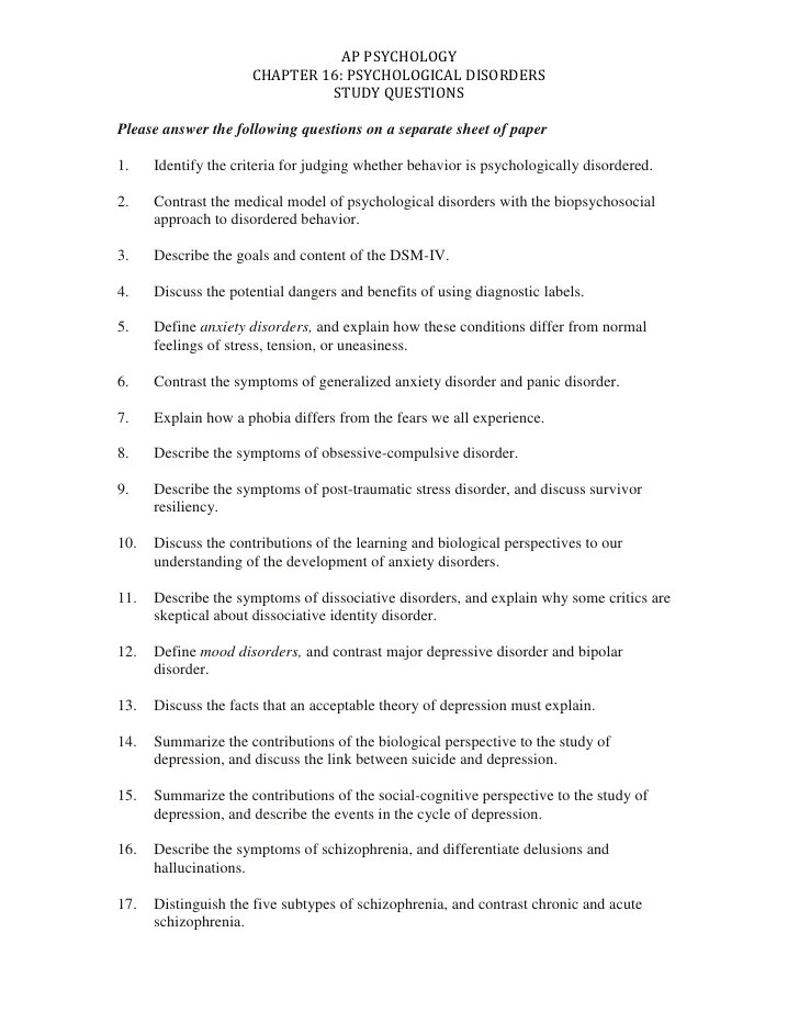 Chapter 16 study questions ap psych