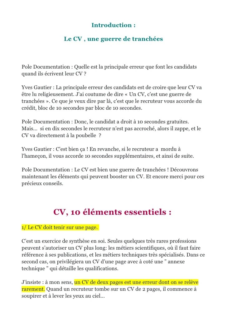 Checklist cv entretien embauche documentaliste