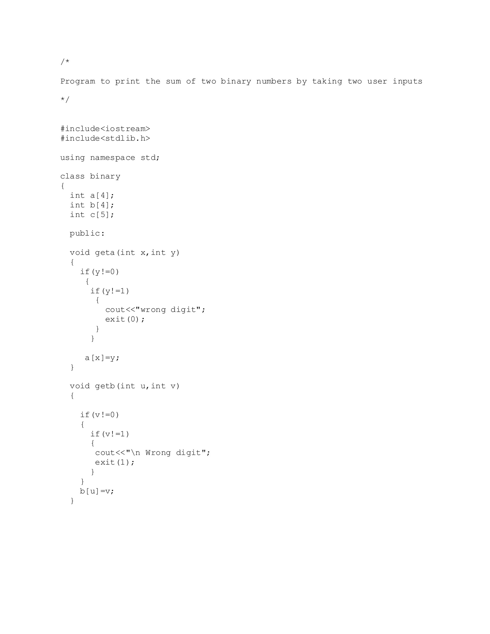 Binary addition using class concept in c++ PDF