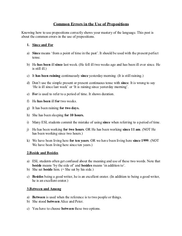 Common Errors In The Use Of Prepositions