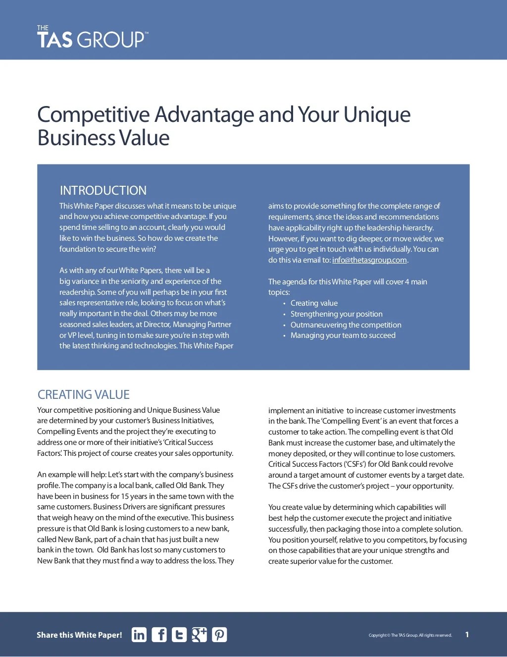 Sales White Paper Competitive Advantage And Your Unique Business Value