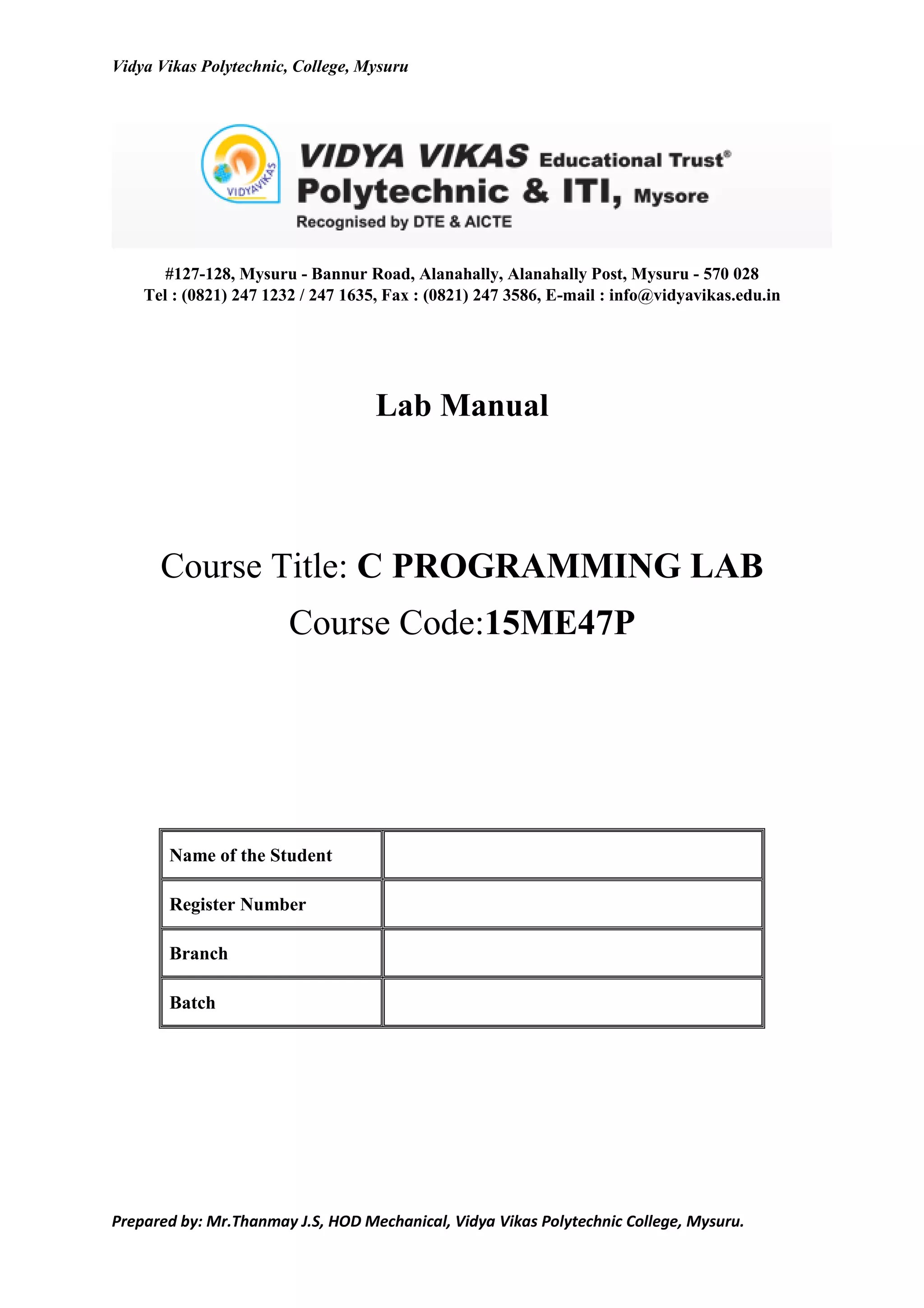 C programming Lab Manual 15 me47p PDF