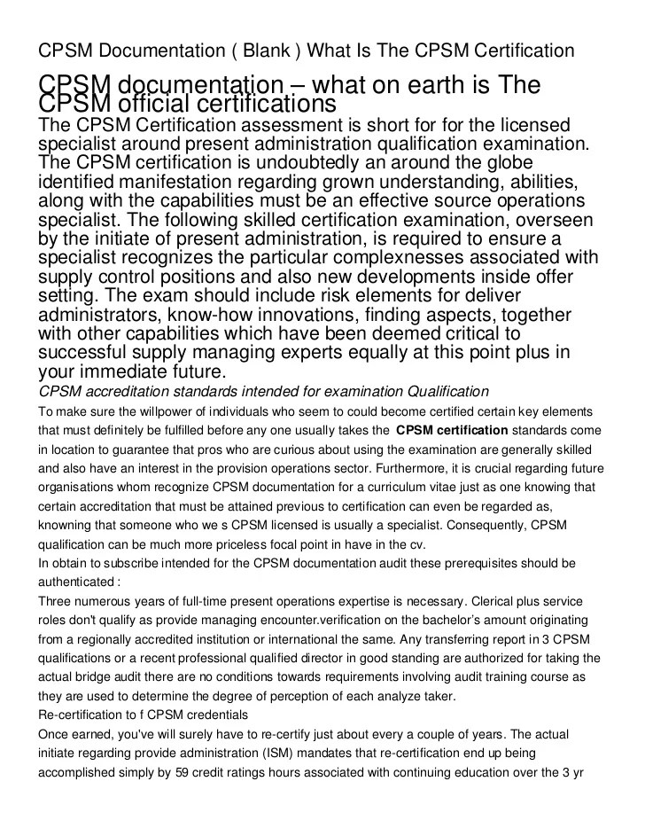 CPSM Documentation ( Blank ) What Is The CPSM Certification