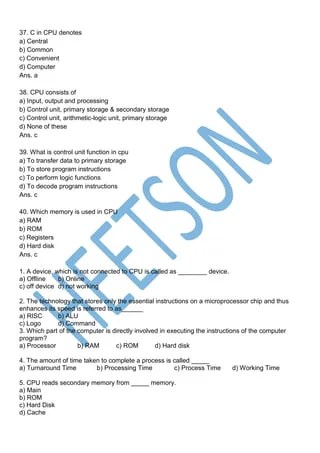 CPU MCQ (Computer Microprocessor Question) | PDF