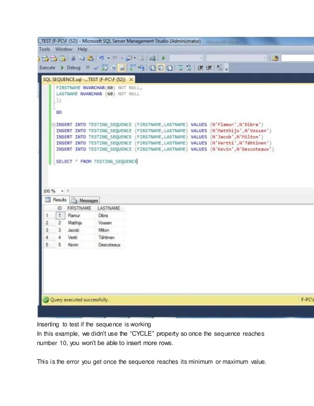 Create sequence sql server