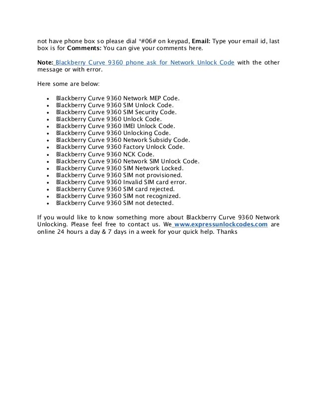 Blackberry Curve 9360 Network Unlock Code