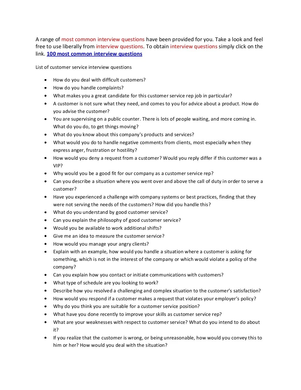 Customer service interview questions and answers