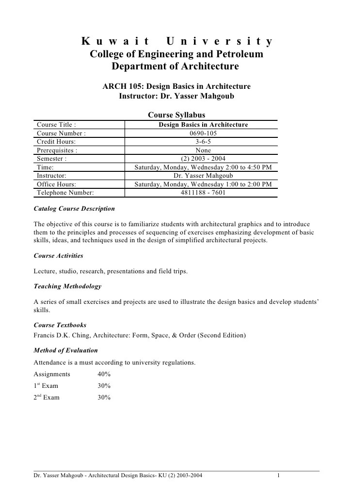 Architectural Design Basics Syllabus 2004