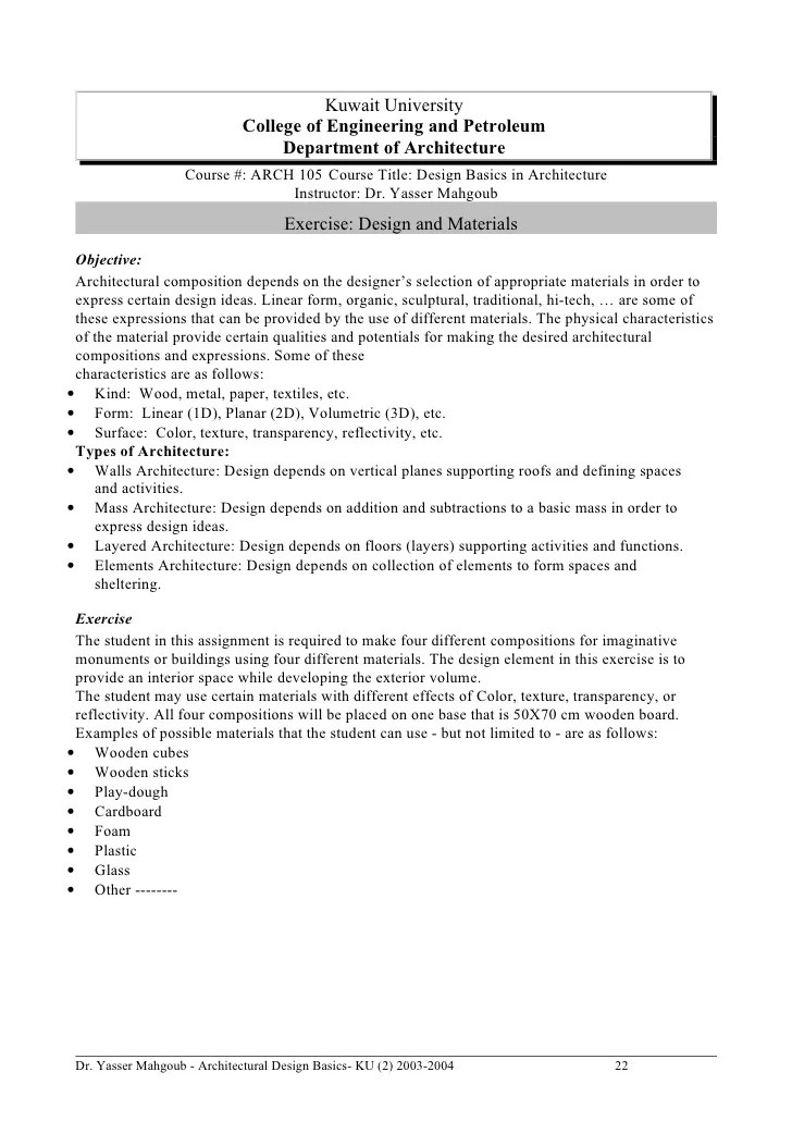 Architectural Design Basics Syllabus 2004