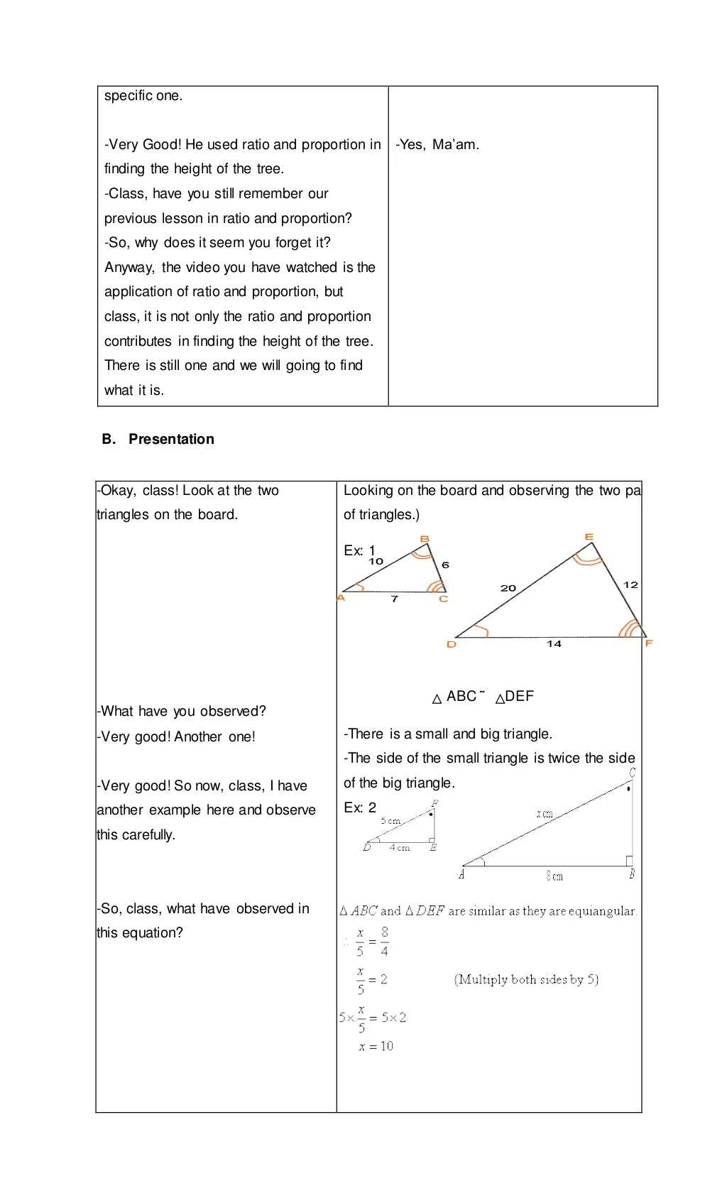 Detailed lesson plan of Similar Triangles in Inductive Method