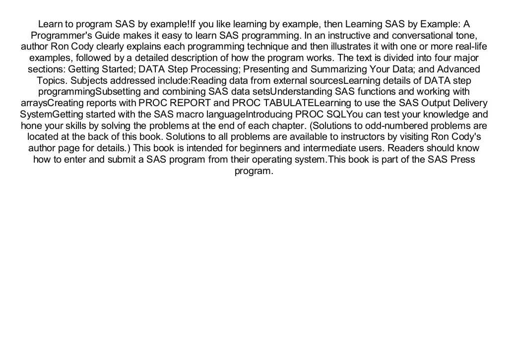 [Read] Learning SAS by Example A Programmer's Guide