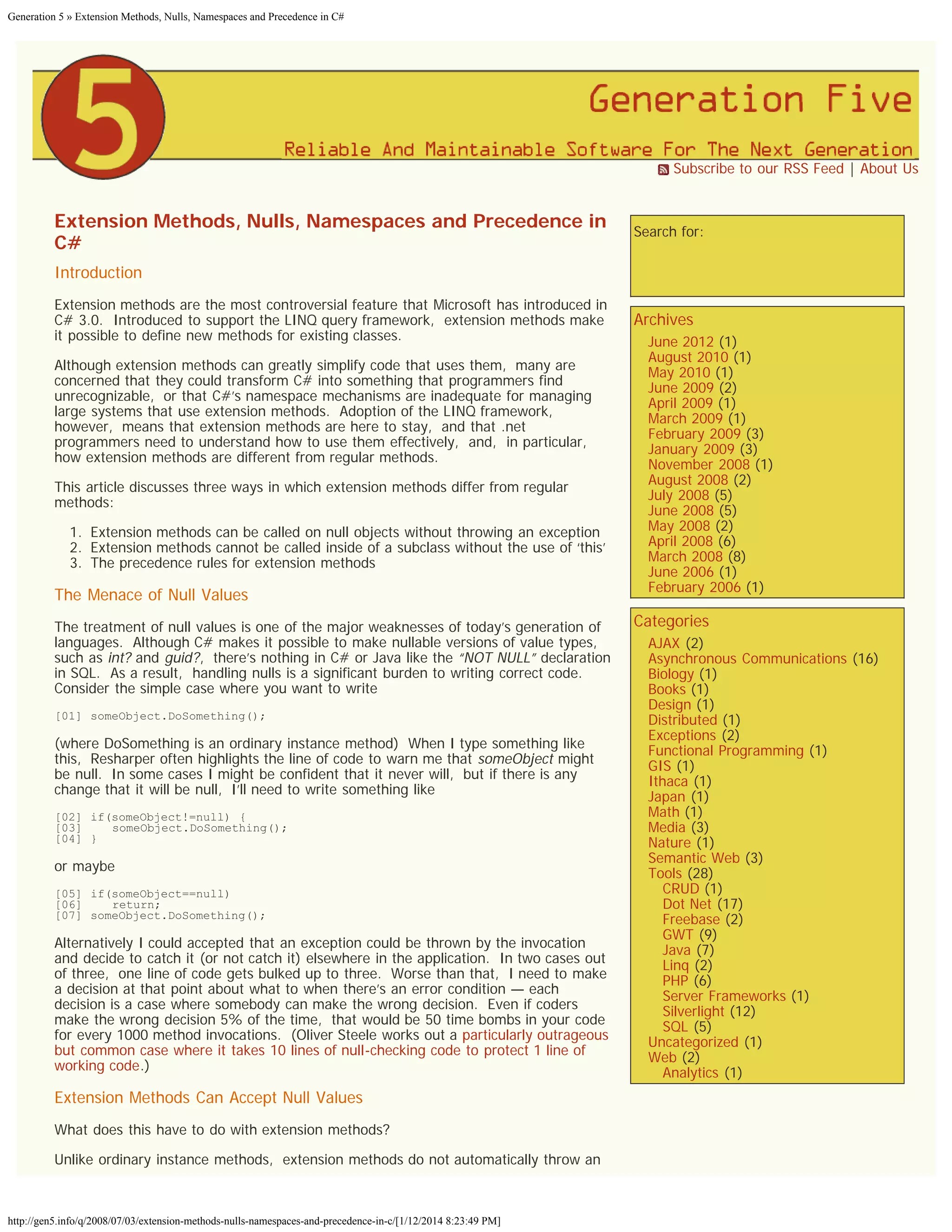 Extension methods, nulls, namespaces and precedence in c PDF