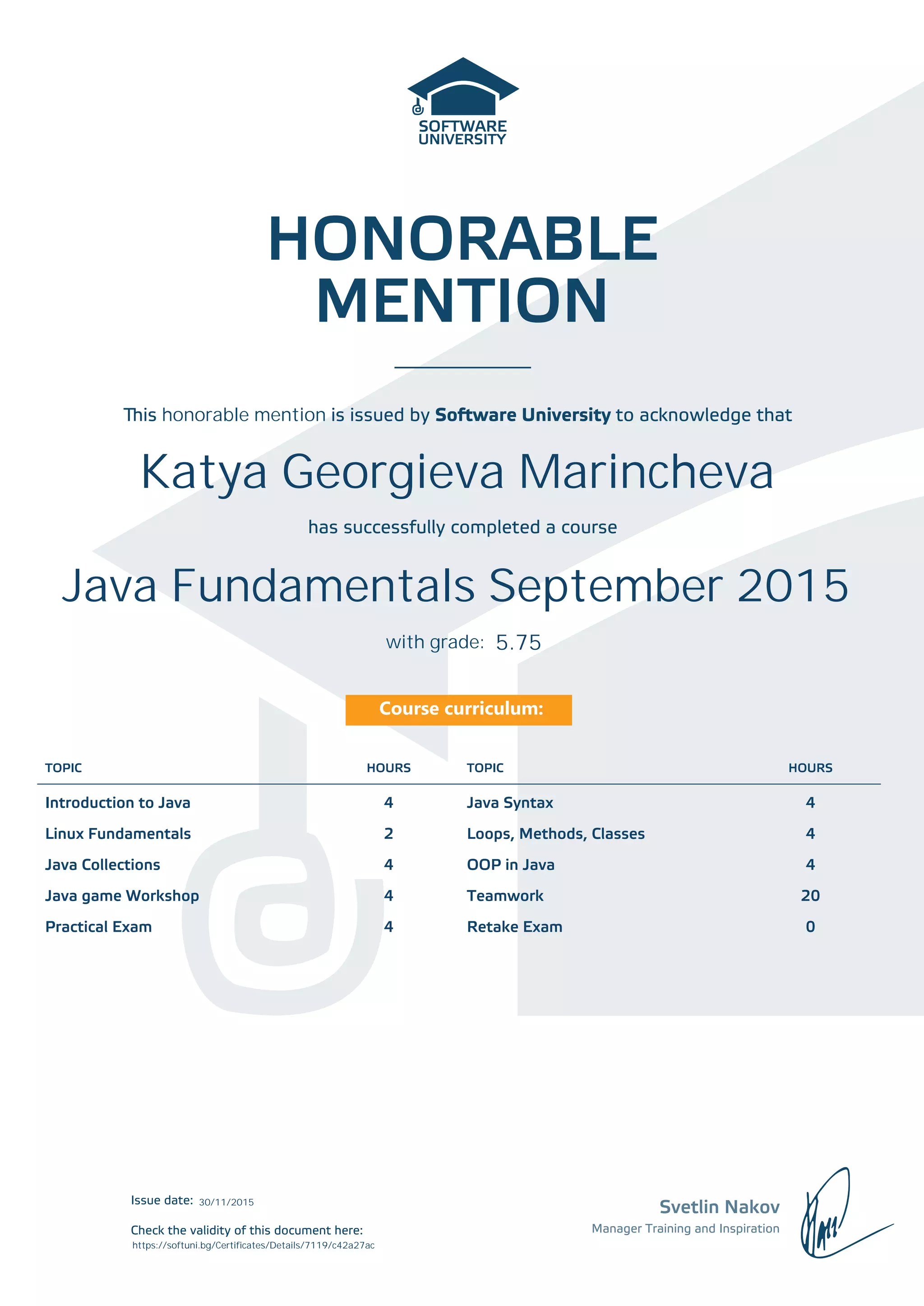 SoftUni Java Fundamentals Certificate PDF