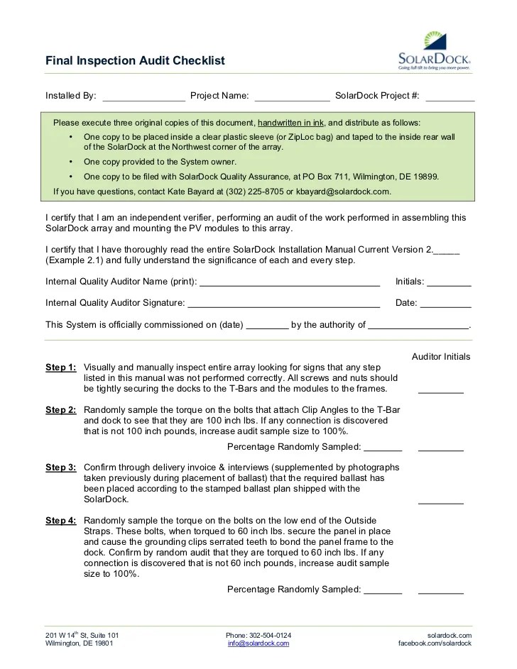 SolarDock Final Inspection Audit Checklist