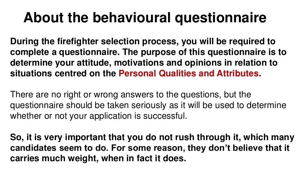 Firefighter Behavioural Questionnaire Questions and Answers
