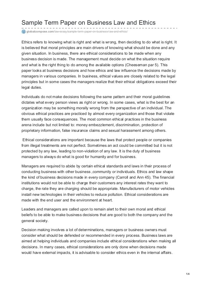 sample term paper on business law and ethics