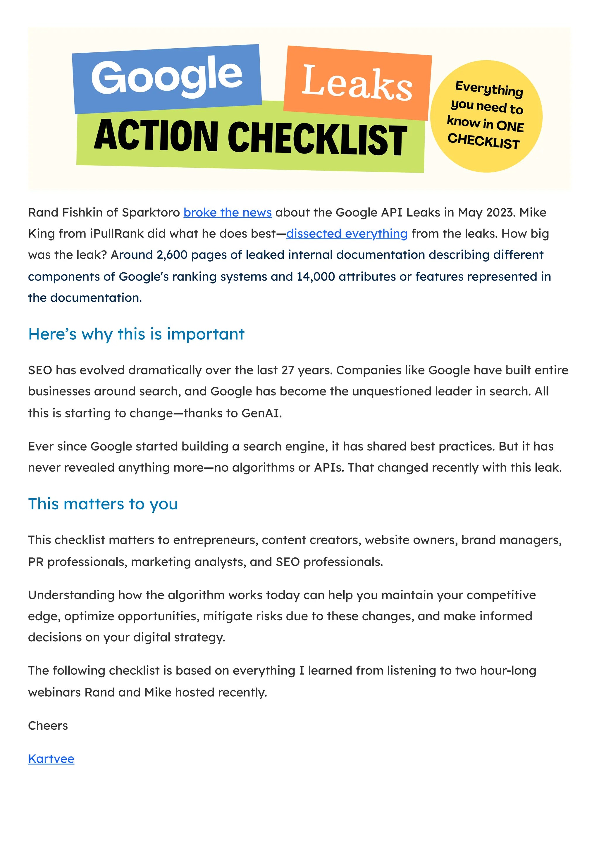 Google Algorithm Leaks Checklist for SEO PDF