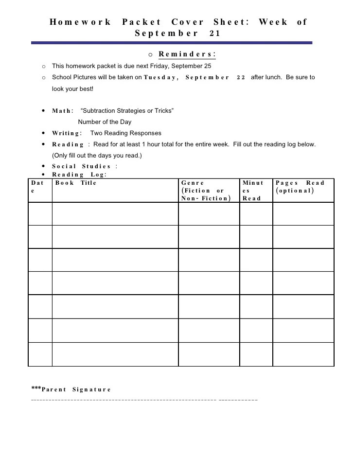 Homework Packet Cover Sheet