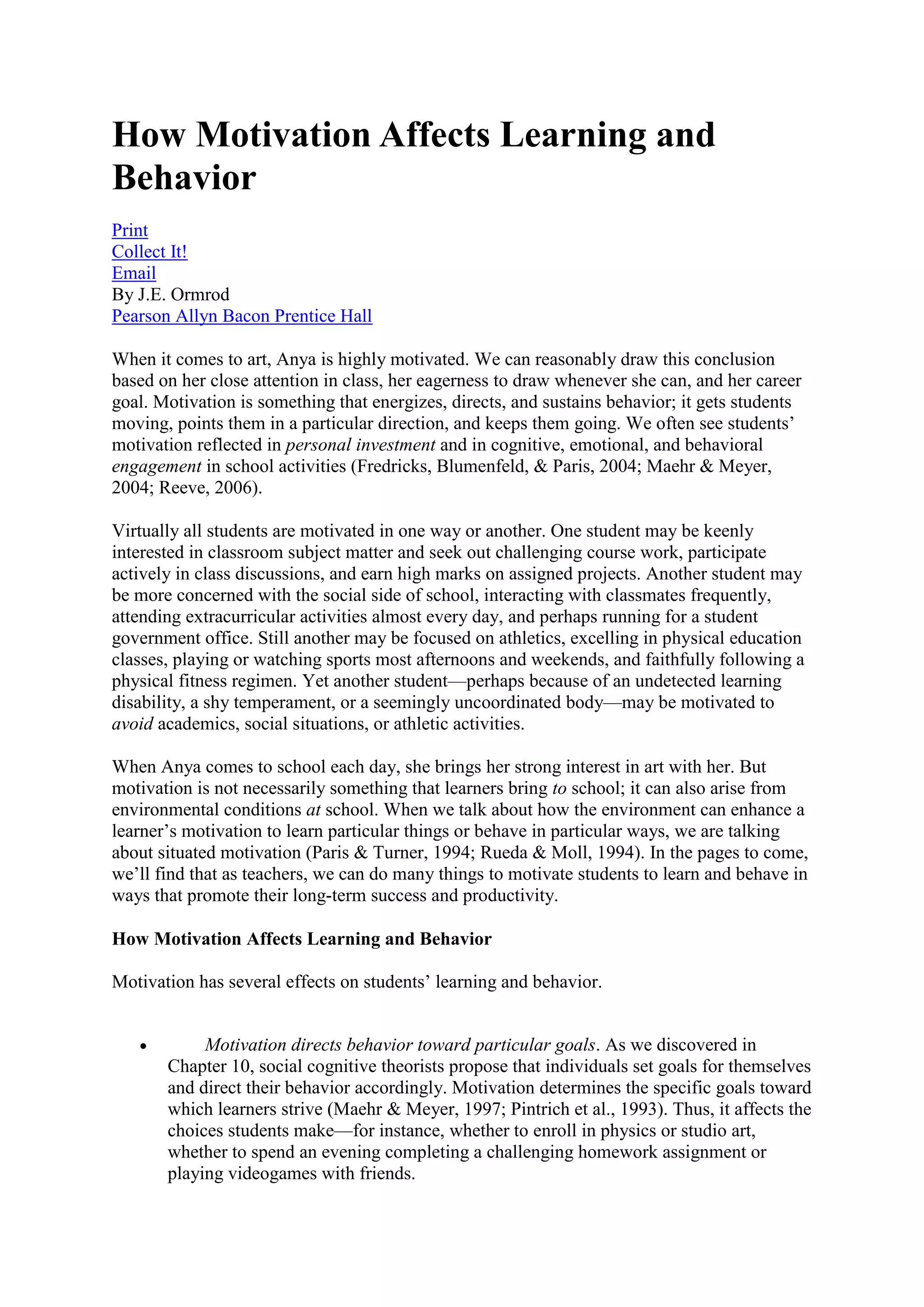 How motivation affects learning and behavior PDF