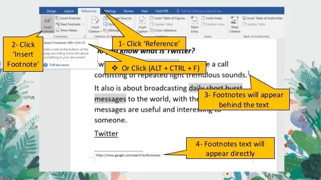 How to add footnotes in MICROSOFT WORD 2016